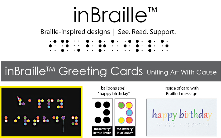 inBraille greeting card logo and samples of how Braille works