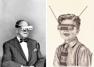The image shows a man on hte left and a lady on the right. Both are wearing strange contraptions over their eyes. The ladies contraption has 2 ariels
