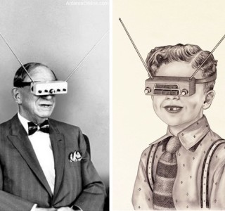 The image shows a man on hte left and a lady on the right. Both are wearing strange contraptions over their eyes. The ladies contraption has 2 ariels