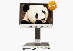 The image shows a CCTV from the front. On the screen a closeup of the face of a panda can be seen