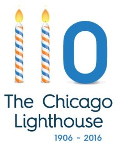 The Chicago Lighthouse 110th Anniversary logo. The 2 ones in the logo are depicted as birthday candles.