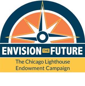 Envision the Future logo. A half circle in blue orange and yellow with a large compass in the center