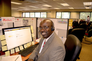 Veteran, Michael Smith at his workstation in the UI Health Call Center