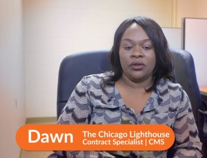 A woman speaking about her job as a contract specialist at The Chicago Lighthouse