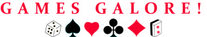 Games Galore graphic with a die, spade, heart, club, diamond and MahJoon tile
