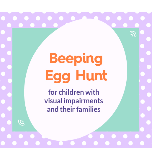 A white egg with the words: Beeping Egg Hunt for children with visual impairment and their families against a green and purple polka dot background