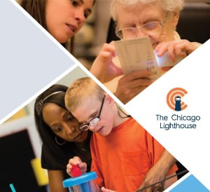 Cover of the 2015 Chicago Lighthouse Annual Report featuring both an elderly and young client receiving tender care