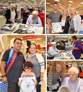 photo collage: Larry Broutman signs a book for a customer | Larry Broutman shows Michelle Rich images from his books | Chicago Lighthouse President and CEO Dr. Janet Szlyk smiles with two customers who purchased a Chicago flag clock | Larry Broutman discusses his book with a customer | Two customers smile with their child who is holding a CTA map clock