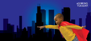 A preschool boy dressed as super man flies over the Chicago Skyline at dusk