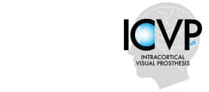 ICVP, Intracortical Visual Prosthesis logo. Light gray silhouette of a head in profile with a brain outlined in white. A cluster of blue dots represent the prosthetic placed in the occipital lobe.