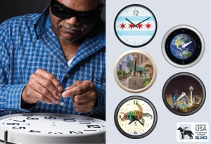 On the left is a close up of a man who is blind placing the clock hands on a clock. On the right are 5 fashion clock images: The Chicago flag, the lion at the Art Institute, a turtle illustration, the earth, Seatle skyline