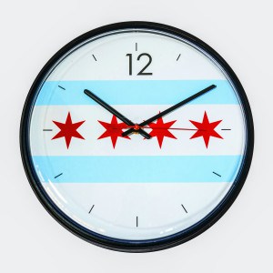 A clock features an image of the Chicago Flag