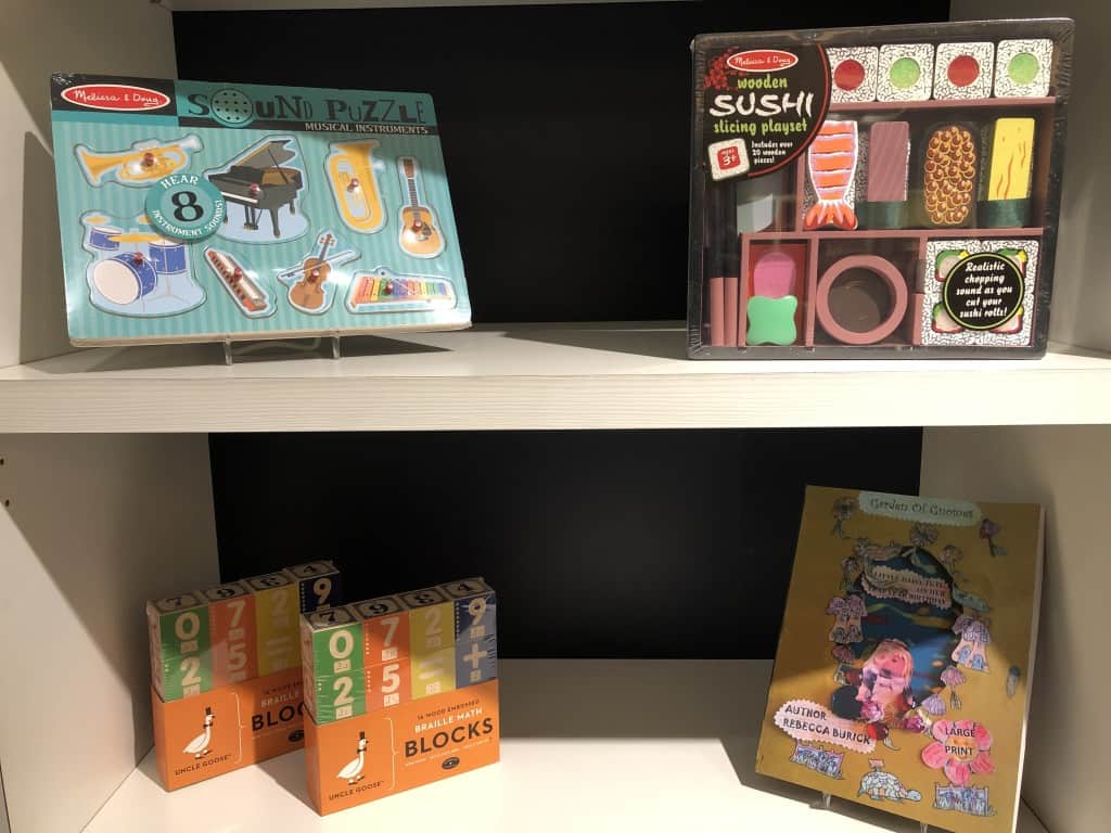 Toys including audible puzzles, Braille blocks, and a large print book are displayed. 