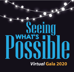 The Seeing What's Possible Virtual Gala 2020 logo against a dark background with Italian mini-lights overhead