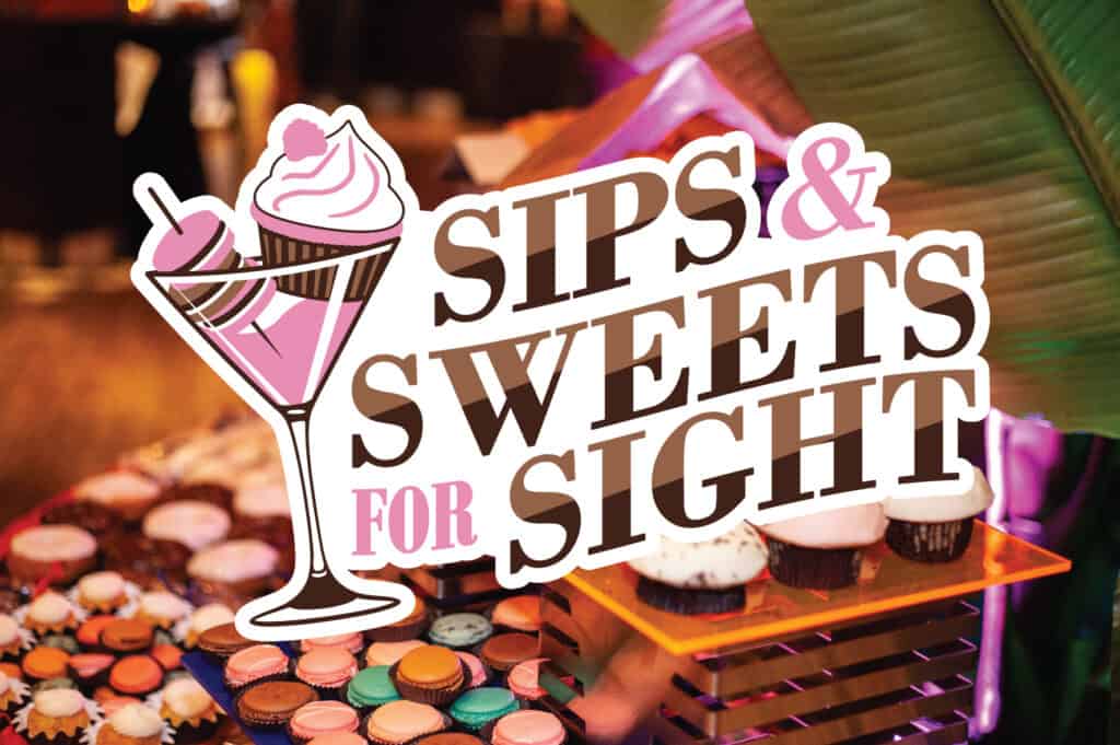 The Sips and Sweets For Sight Logo overlaid on an image of sweets from a previous year