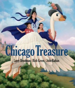 Chicago Treasure book cover depicting 3 children flying on the back of mother goose