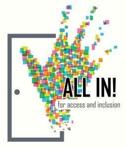 Graphic features a multicolored hand and a door with the words "ALL IN! for access and inclusion"