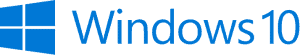 Windows 10 Logo. Blue writing that reads "Windows 10" with a design of a blue window next to it.