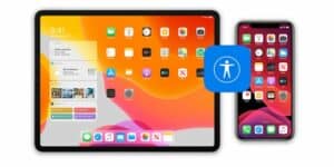 Image displaying an iPad and an iPhone beside one another with the Apple Accessibility logo overlayed between them.