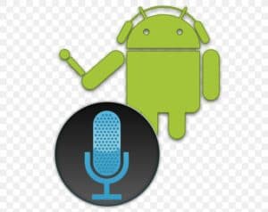 A photo of the Android mascot wearing headphones and holding a microphone standing behind a microphone icon.