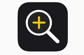Logo of the Apple Magnifier App, which is a white magnify glass with a yellow plus inside the lens on top of a black background.