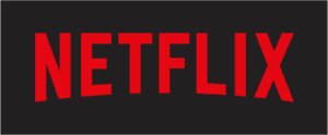 A photo of the Netflix logo with red font on a black background.