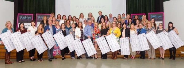 17 poster-sized checks are displayed by various recipients of donations from the Hinsdale Junior Women's Club