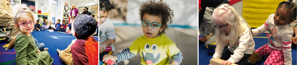 A trio of images: A preschool girl who is visually impaired turns toward the camera during circle time at school; a preschool boy who is visually impaired rides a tricycle in The Lighthouse's solarium; two preschool girls 