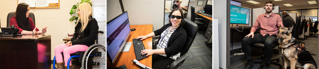 A trio of images: A young woman in a wheelchair meets with an employment counselor at The Chicago Lighthouse; A woman who is visually impaired works in our call center using ZoomText to be able to view her computer screen; A male customer care representative poses with his guide dog in one of our call centers