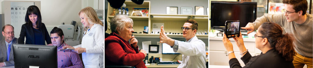 A trio of images: 3 researchers assess a patient who is visually impaired track numbers on a computer monitor; an optomotrist holds his hand to the side to test an elderly woman's peripheral vision; an assistive technology specialist in our store demonstrates a hand held digital monitor for a client who is visually impaired