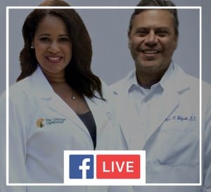 A female researcher and a male optometrist side by side wearing white lab coats. Includes the Facebook Live icon