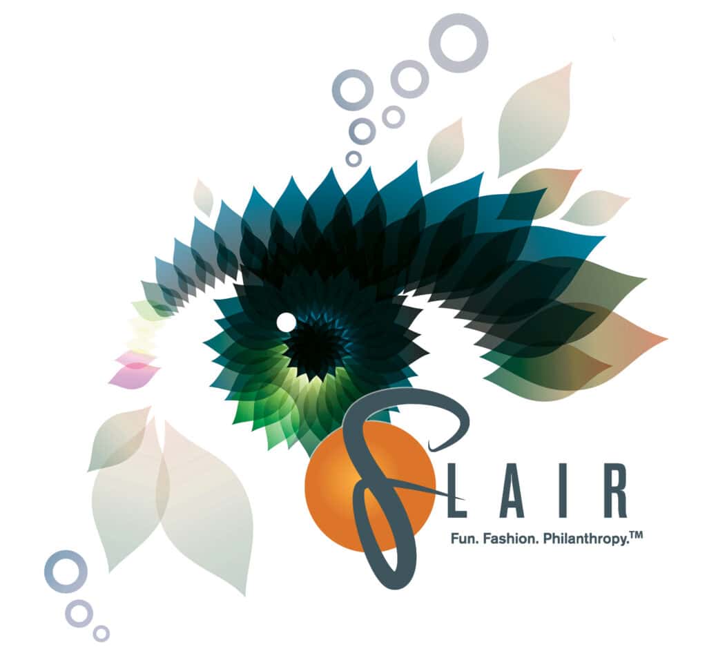 FLair logo in front of a colorful illustration of a fashionable eye