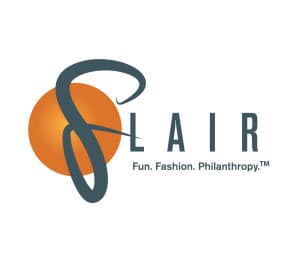 Text: FLAIR Fun. Fashion. Philanthropy; Logo with a large orange circle behind the F in FLAIR