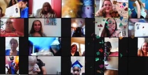 Zoom call with video chat boxes of preschoolers, families, and teachers