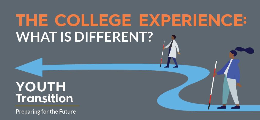 The College Experience: What is Different? Youth Transition: Preparing for the Future. Two illustrated people walking along a path using canes.
