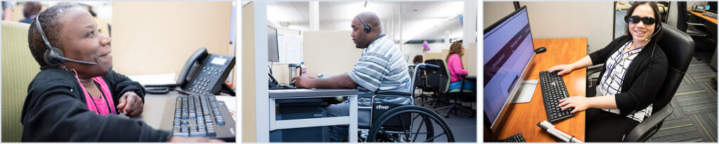 A photo ribbon of 3 individuals working in a call center. All are disabled: one has a physical disability, one is in a wheel chair and one is blind