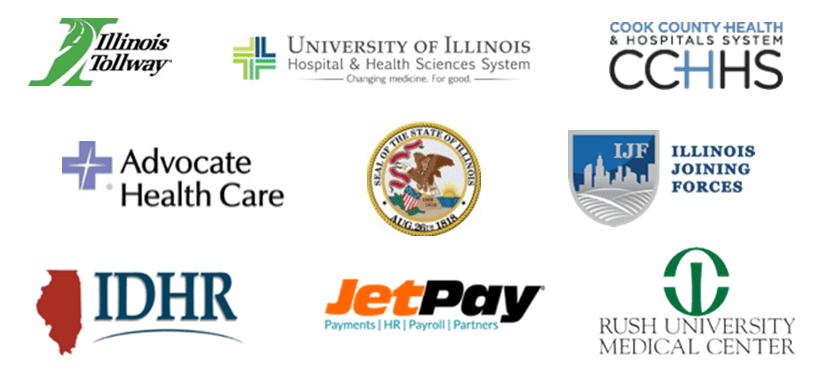 Logos of the various companies The Chicago Lighthouse parnters with for their call center business: Illinois Tollway, University of Illinois Hospital, Cook County Health, Advocate Health Care, The State of Illinois, Illinois Joining Forces, IDHR, JetPay, Rush University Medical Center