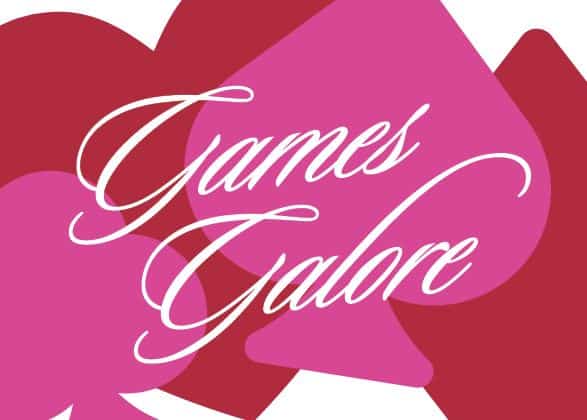 Games Galore logo with card suits in pink and red colors
