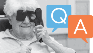 Low vision patient in an exam. Q&A over picture in speech bubbles