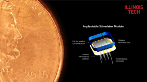 An implantable stimulator module illustration is shown next to a US penny to demonstrate how tiny it is. Image by Illinois Tech