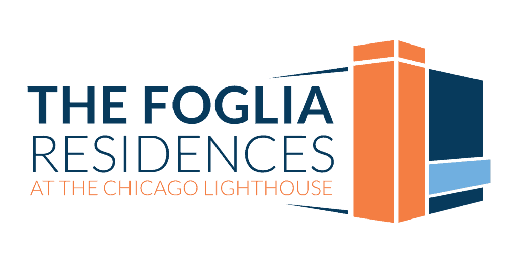 The Foglia Residences at The Chicago Lighthouse logo. Graphic of a stylized building in orange and blue shades.