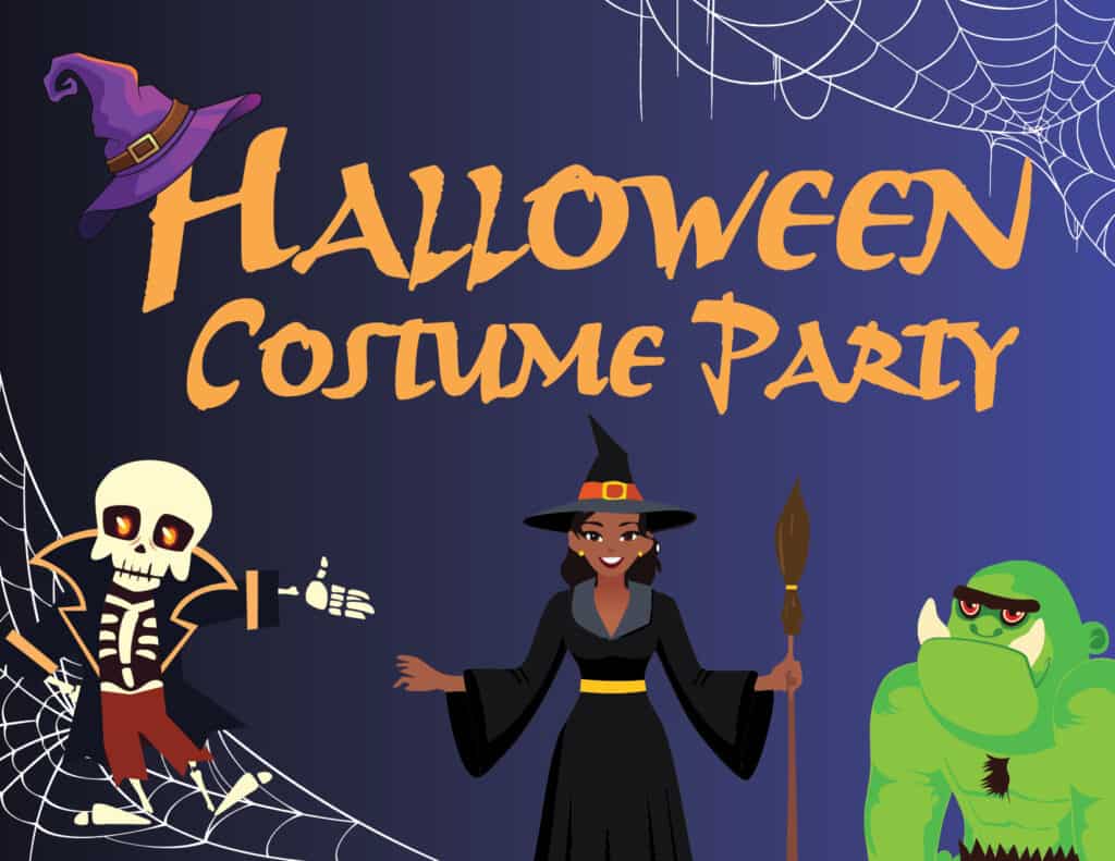 TEXT: Halloween Costume Party. Illustrations of a witch, skeleton and a green ogre. 