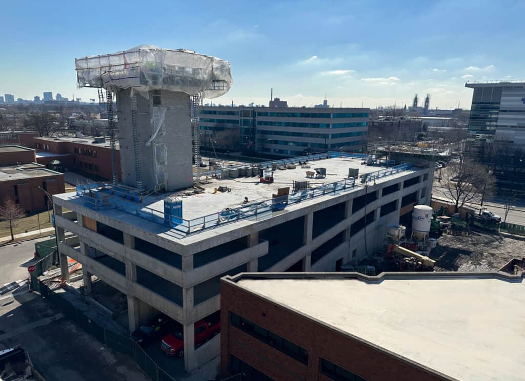 View of the completed parking garage of the Foglia Residences