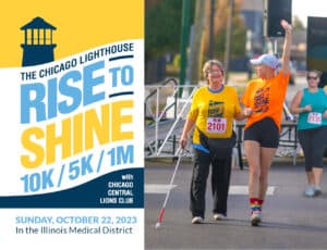 Rise to Shine 10k/5k/1M logo with image of a person who is blind crossing the finish line with her sighted guide