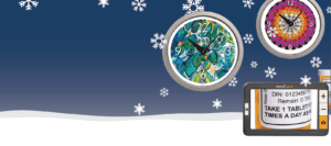 snowy scenery with a fashion clock made at The Chicago Ligththouse and a Humanware magnifier