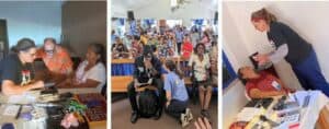 A collage of 3 photos. One shows Dr. Matchinski in Mexico talking to a patient. The second one shows Dr. Scherer in Jamaica kneeling next to a patient in a crowded one-room chruch. The third photo shows Dr. Matchinski in Peru putting eye drops in a patient's eyes.