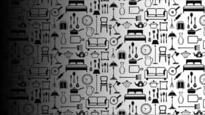 Background image with linear depictions of various household appliances and furniture.
