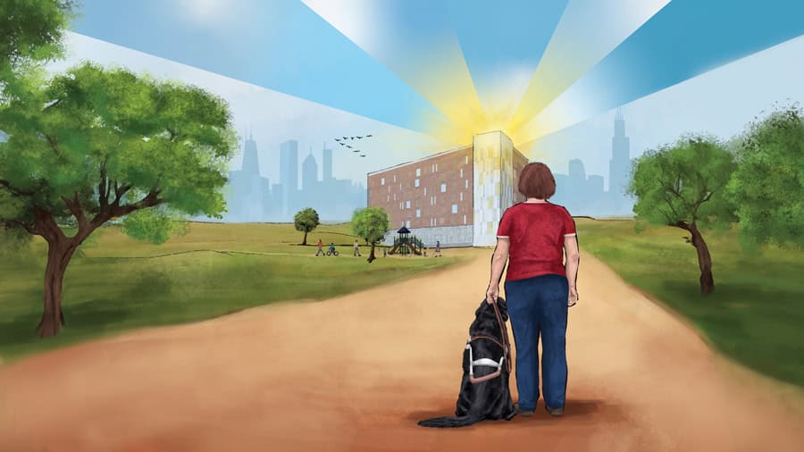 Cover of the 2023 Annual report. Digital painting of a woman and her guide dog walking to the new Foglia Residences building.