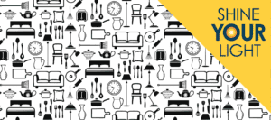 Background image with linear depictions of various household appliances and furniture. Text reads: Shine Your Light