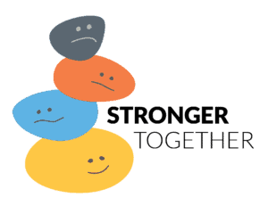 Illustration of a pile of rounded rocks perched on top of each other with various depictions of moods expressed . Text reads: Stronger Together